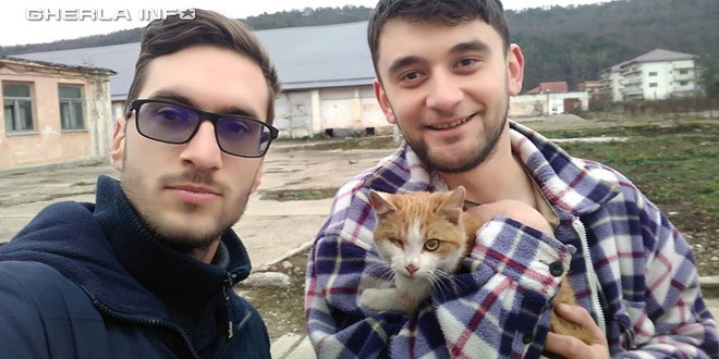 Oameni cu suflet mare. Doi tineri din Gherla au salvat un pui de pisică rămasă blocată pe o țeavă, într-o clădire în paragină – VIDEO